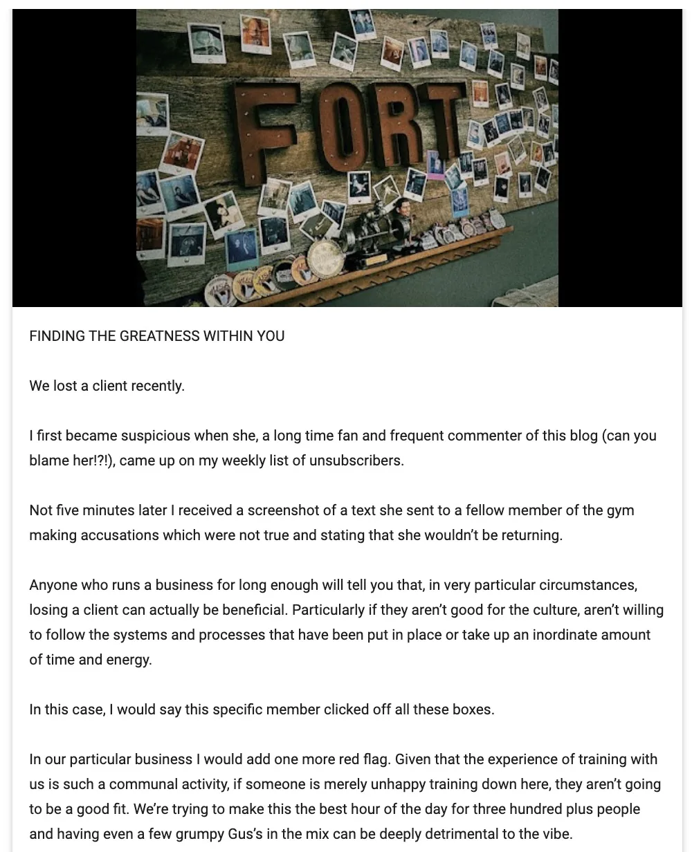 健身品牌 The Fort NYC 在 Google Business Profile 上发布的帖子，解释失去客户有时对企业反而有益。