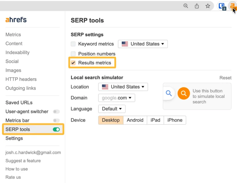 为 Ahrefs 的 SEO Toolbar 使用这些设置