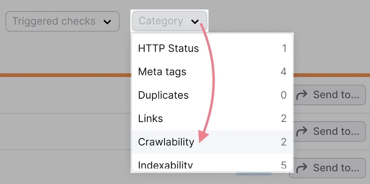 Site Audit issues 打开“Category”下拉菜单并点击“Crawlability”