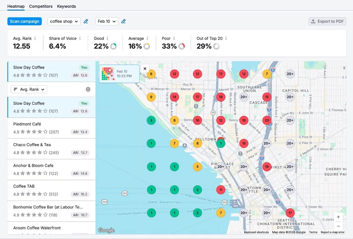 Map Rank Tracker 工具上的热力图，显示本地商家与竞争对手按地理区域划分的表现。