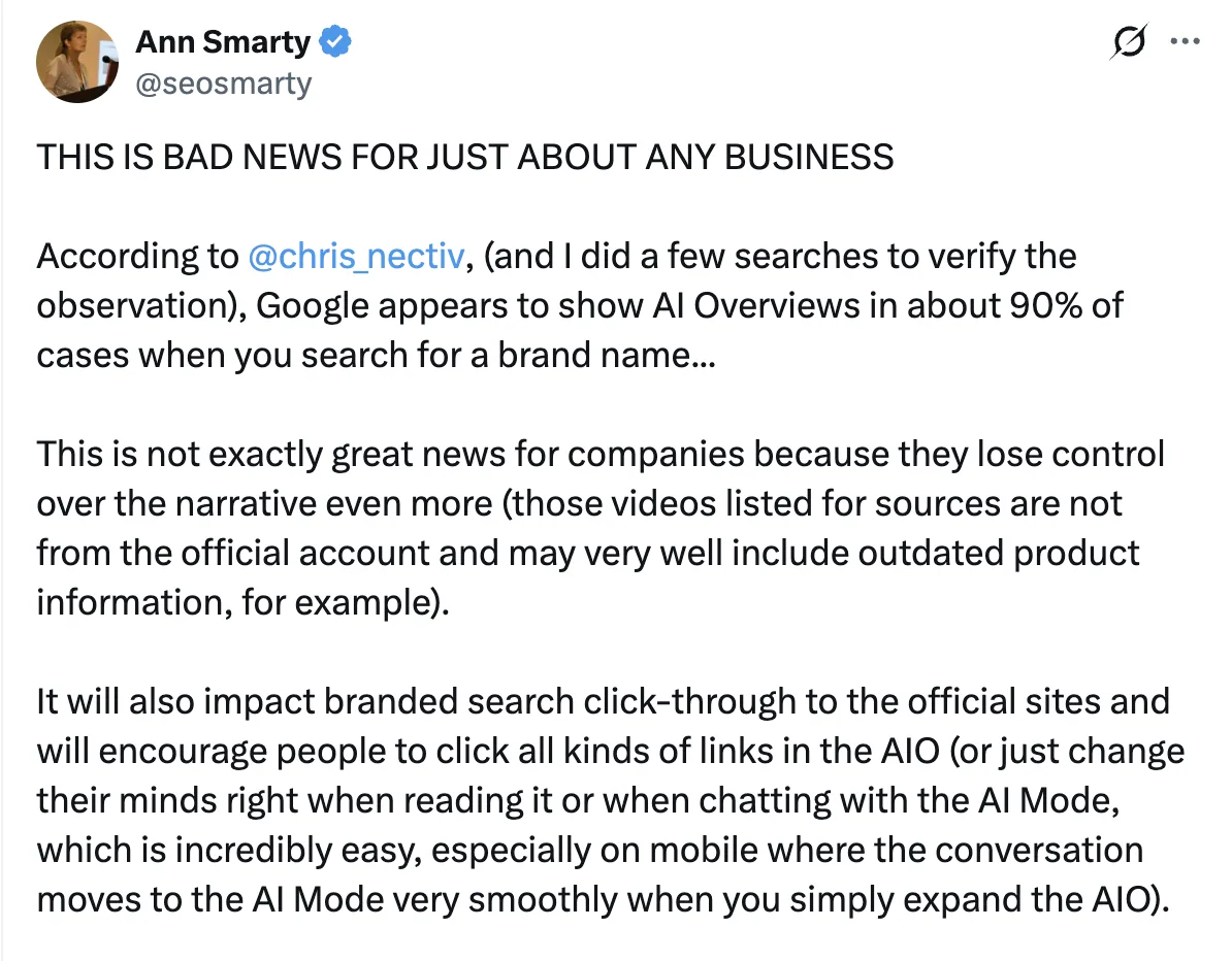Ann Smarty 的帖子警告称,品牌搜索的 AI Overviews 可能会引用包含过时产品信息的非官方视频。