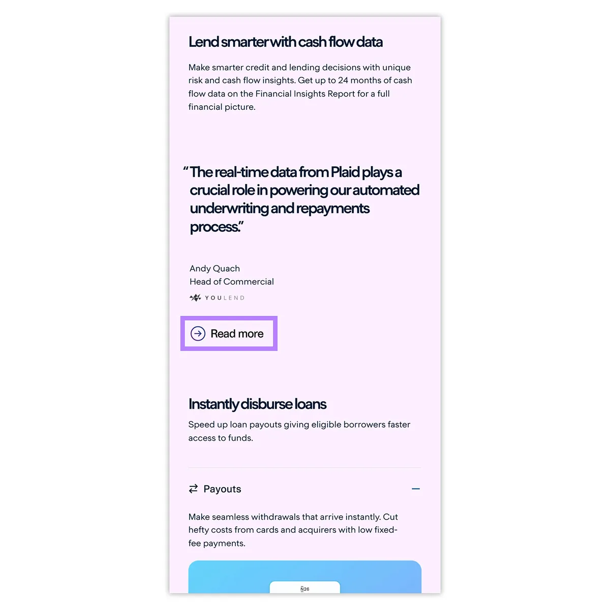 Plaid 移动端页面，含客户评价引言，箭头突出显示“Read more”按钮。