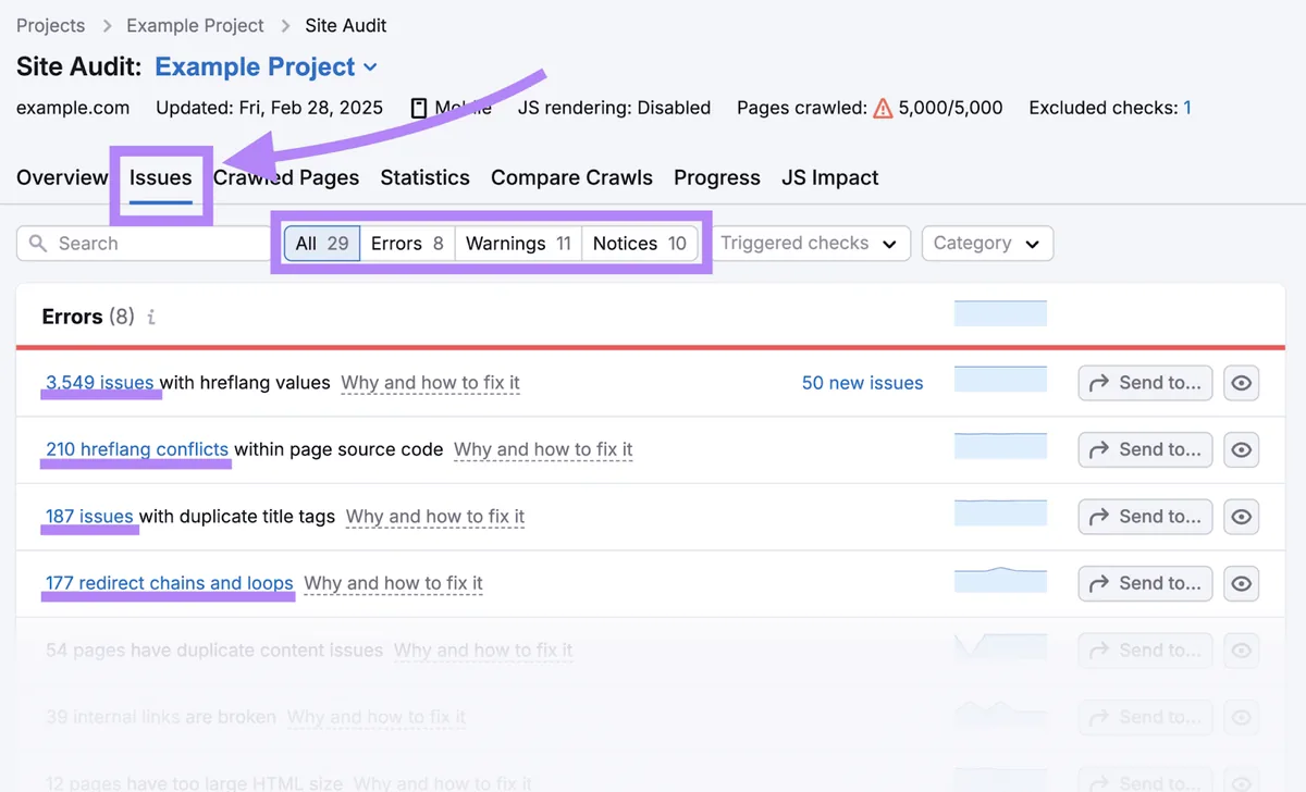 Site Audit 中的 Issues 报告