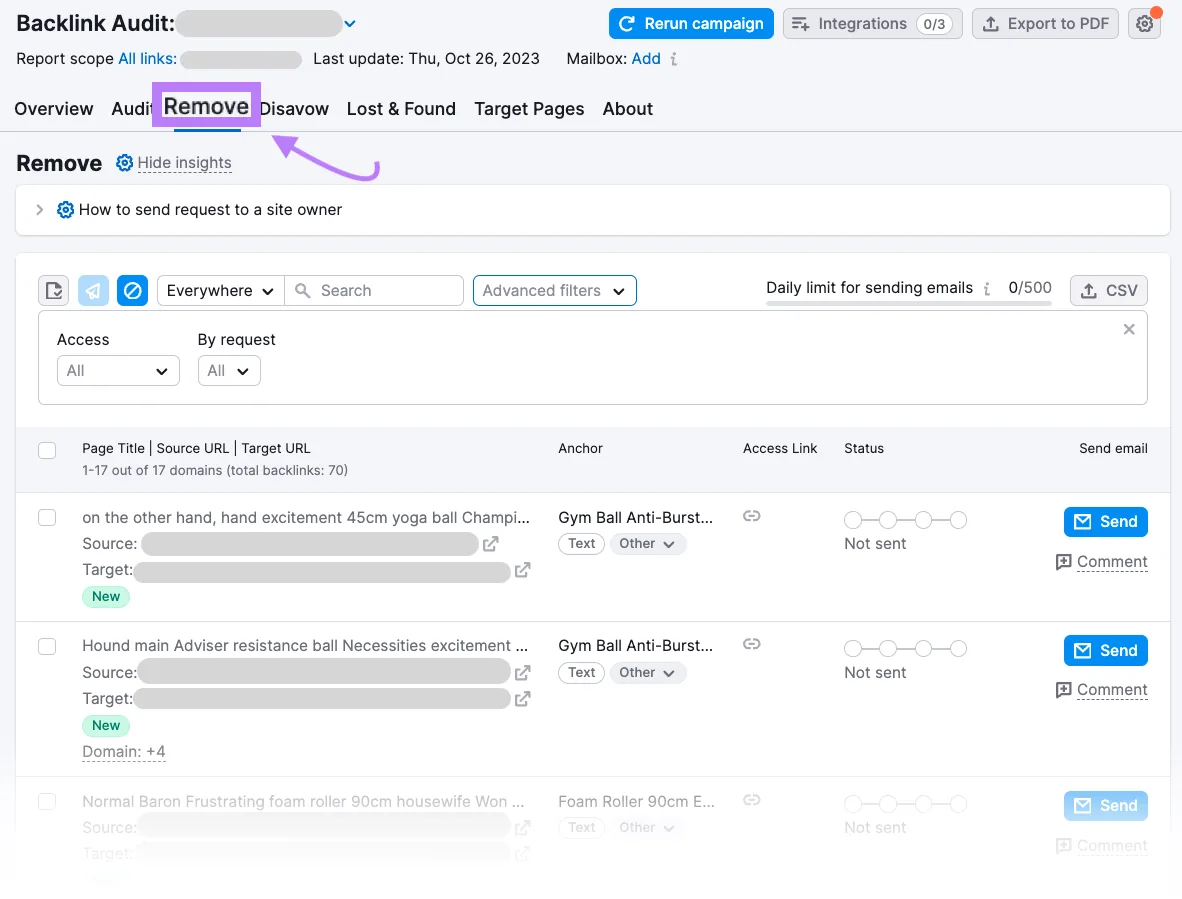 Backlink Audit 工具中的“Remove”报告