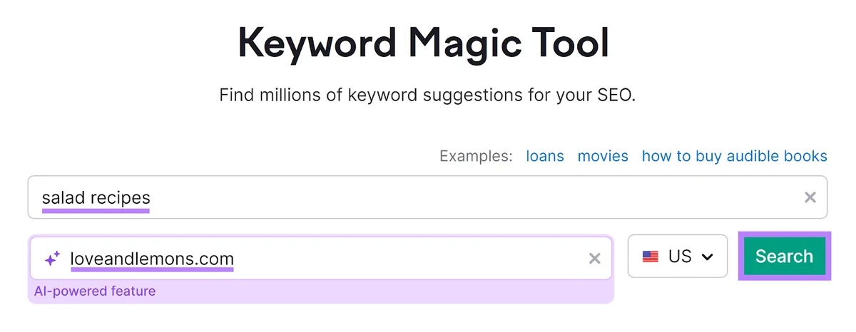 Semrush Keyword Magic Tool 起始页,已输入关键词和域名,突出显示 Search 按钮