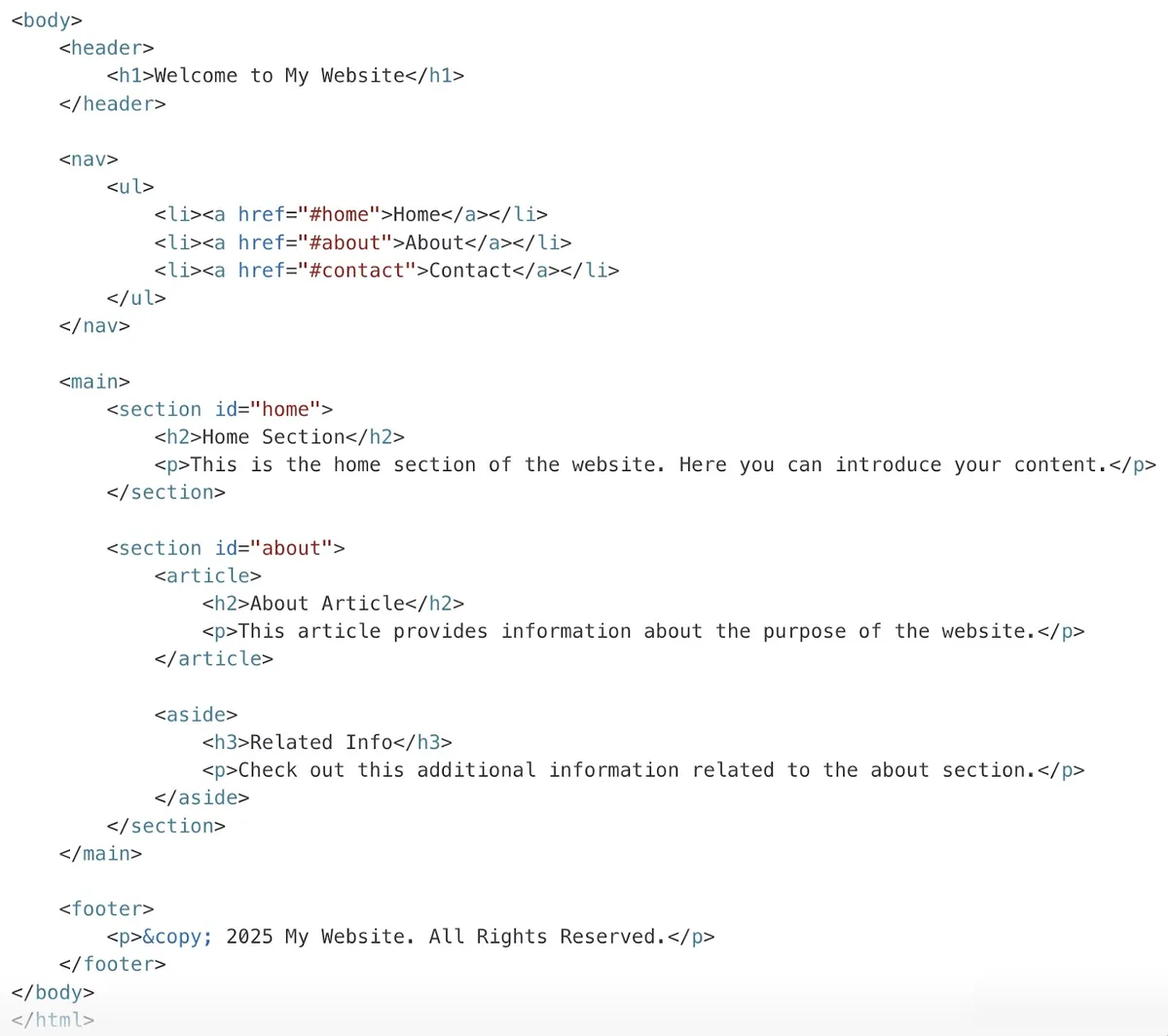 代码中所见的语义化 HTML 标签。