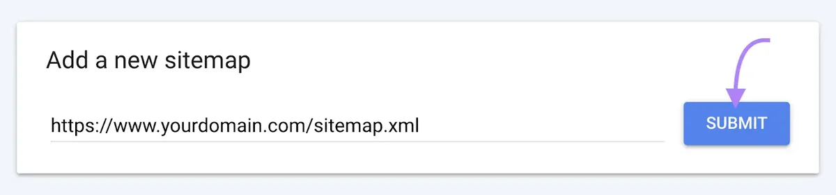 添加新站点地图表单，已输入站点地图 URL，箭头指向“Submit”按钮。