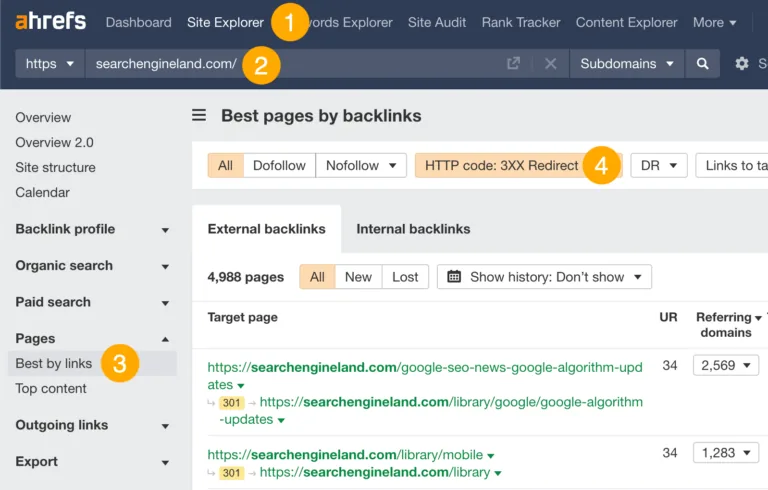在 Ahrefs 的 Site Explorer 中筛选带反向链接的 301 重定向
