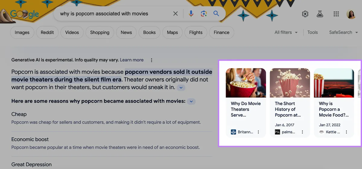 “why is popcorn associated with movies”查询的摘要右侧高亮三条链接
