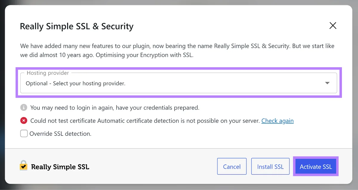 Really Simple SSL & Security 弹窗,突出显示托管服务商下拉列表和 Activate SSL 按钮