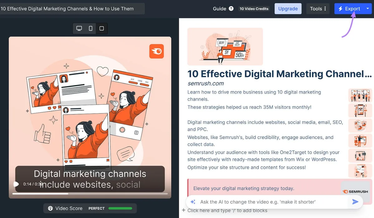 AI Video Marketing Automator 生成的视频页面右上角突出显示的“Export”按钮。