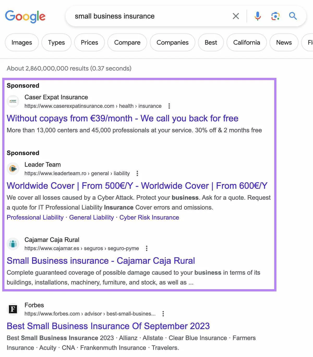 Google 搜索结果页面上标注为“赞助”的付费搜索结果示例