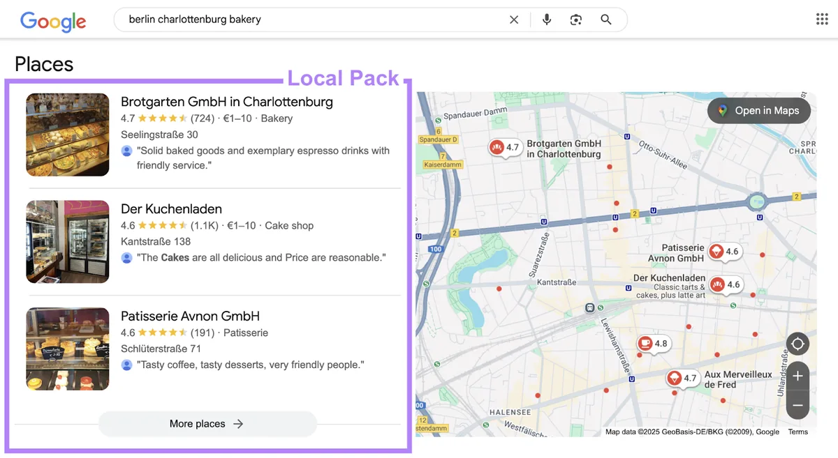 本地打包(local pack)是标记为 Places 的 SERP 功能,在 Google 地图视图旁列出三家本地商家。