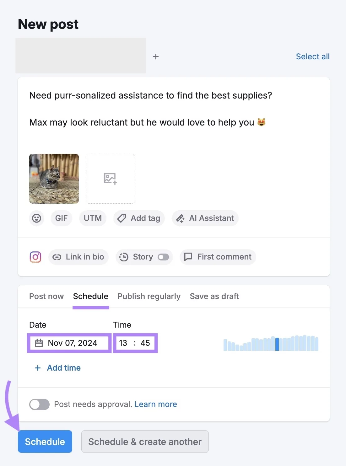 Social Poster 上的“New post”窗口,在底部的“Schedule”部分选择了发布日期和时间。