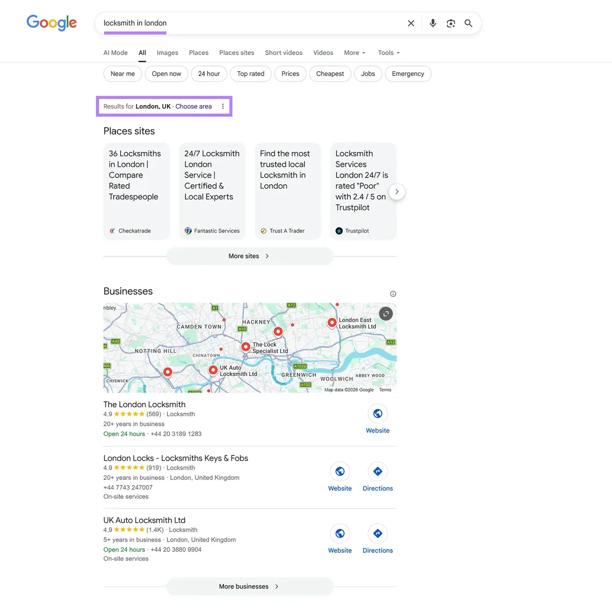 词条“locksmith in london”的 Google 搜索结果页面，显示英国伦敦的结果。
