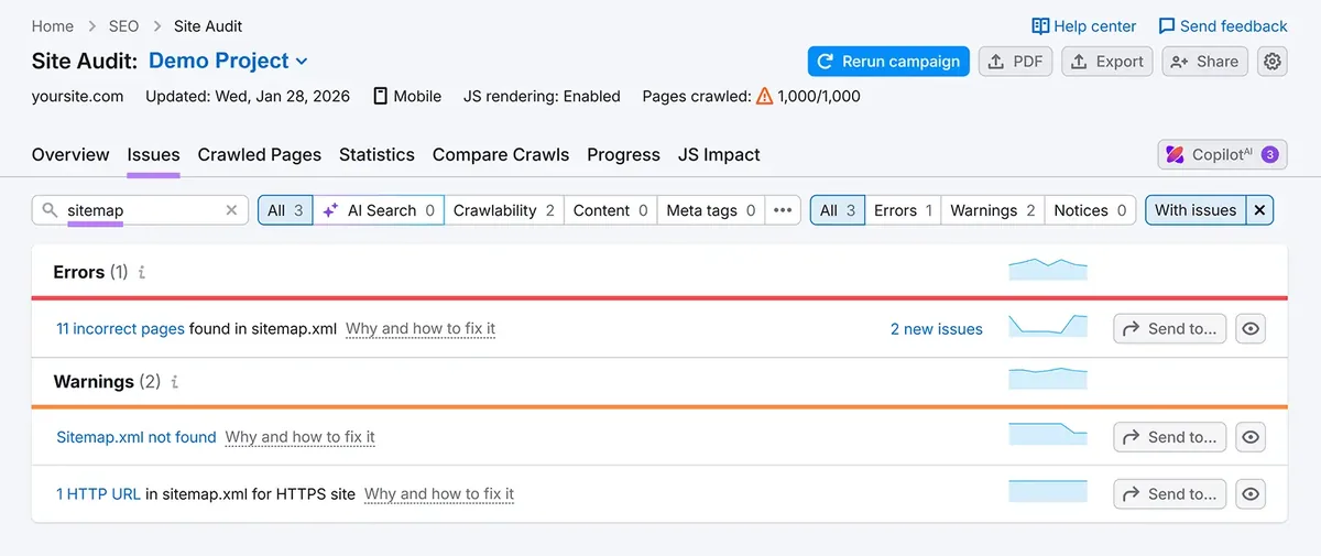 Semrush Site Audit 显示站点地图错误和警告,包括错误页面和缺失 sitemap.xml 文件