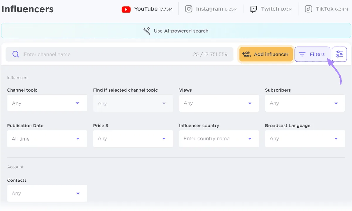 Influencer Analytics 界面，用于搜索社交媒体达人，带有筛选选项。