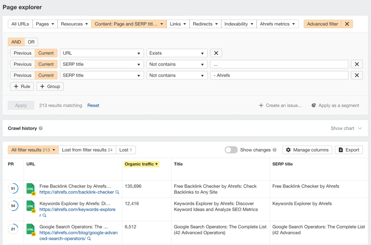 Page explorer 中按自然流量排序的表格