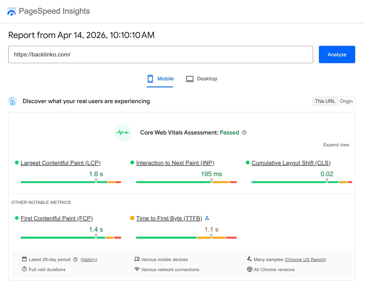 PageSpeed Insights 报告显示 LCP、INP 和 CLS 等核心网页指标