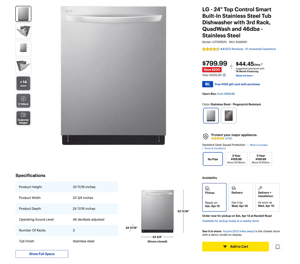 Best Buy 嵌入式洗碗机产品页面,详述包括规格在内的产品信息