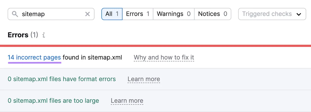在 sitemap.xml 中发现的错误页面数量高亮显示