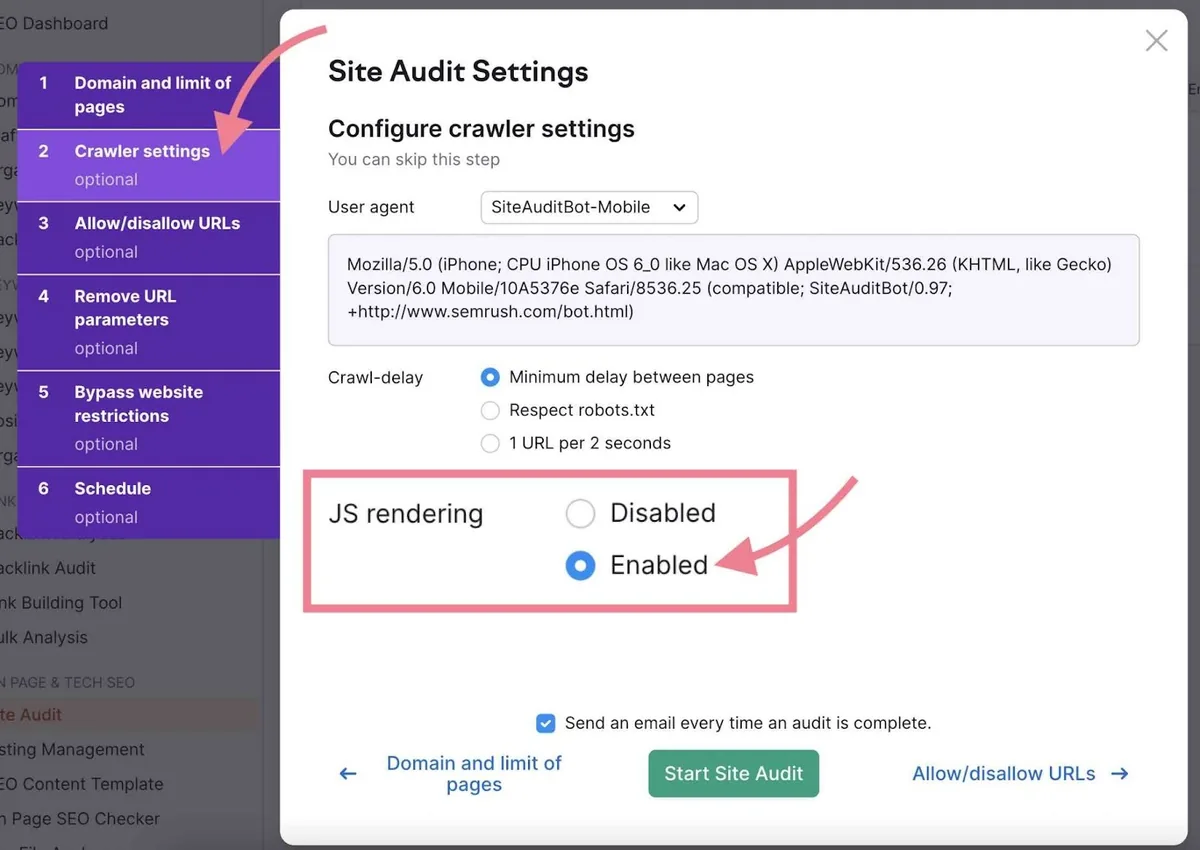 在 Site Audit 中启用 JS 渲染