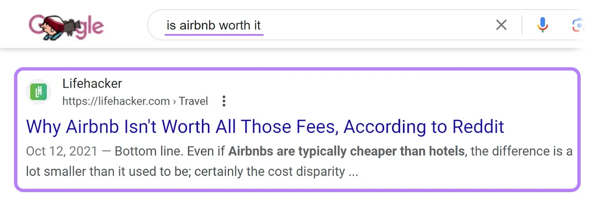 Google 搜索结果页面中面向查询“is airbnb worth it”显示的 Airbnb 文章
