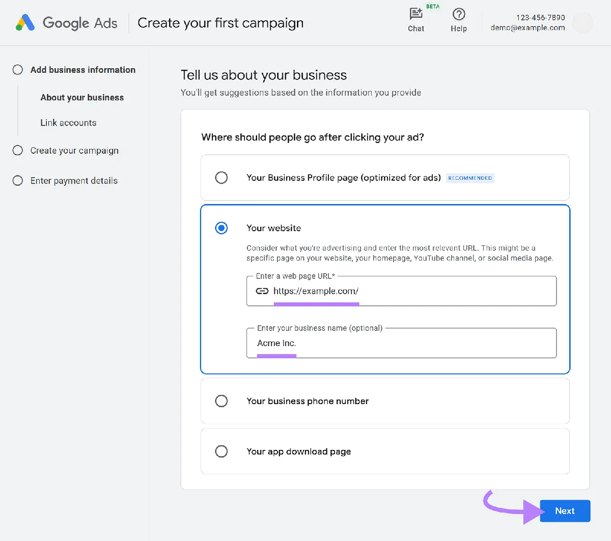 Google Ads 账号设置，已输入网站 URL 和商家名称，Next 按钮已高亮显示。