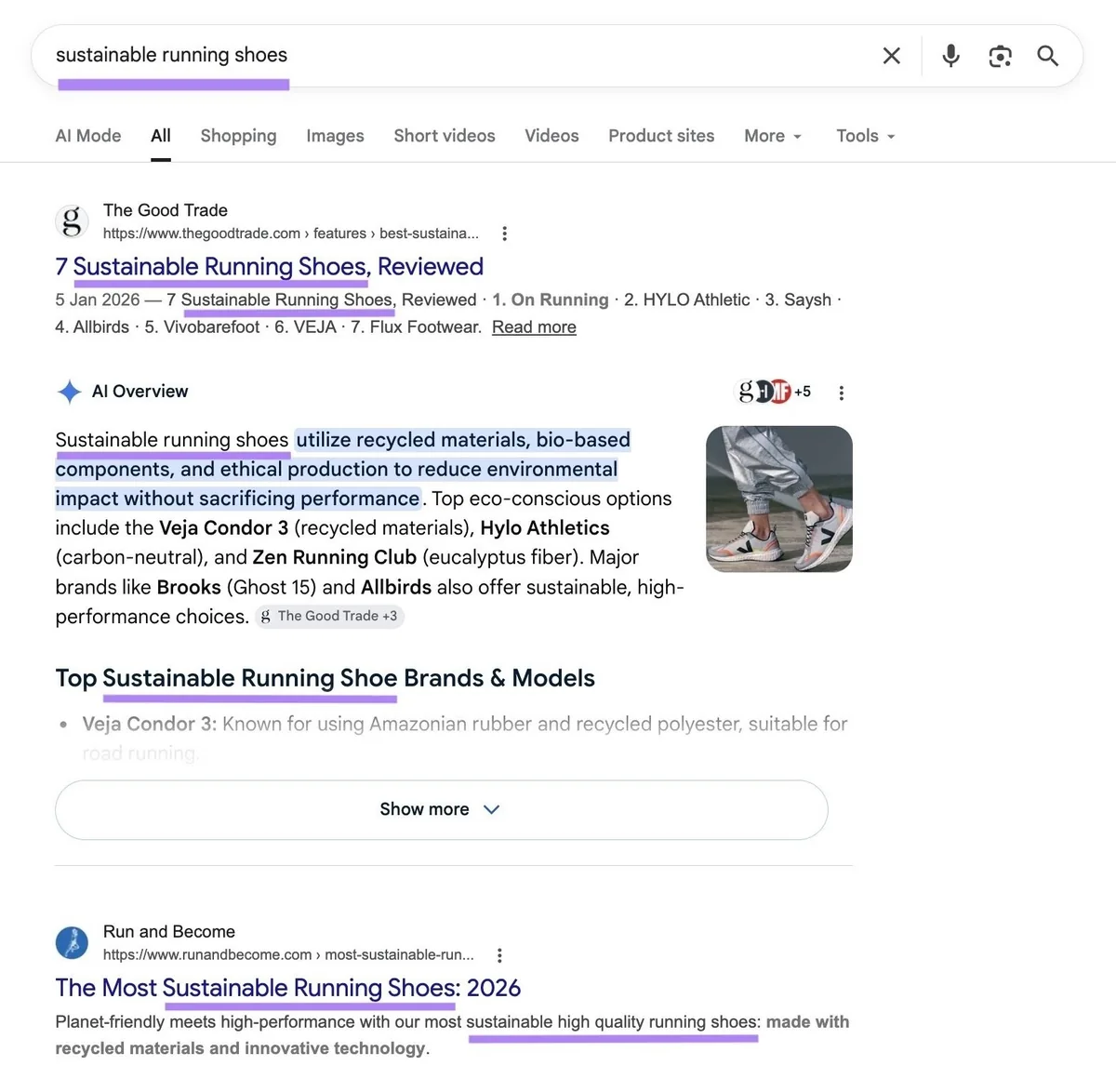 输入词条“sustainable running shoes”的 Google 搜索结果页面，该关键词在顶部列表和 AI 概览中已高亮显示。