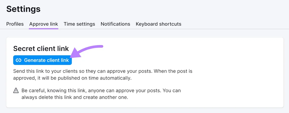 Social Poster 中的“Generate client link”按钮