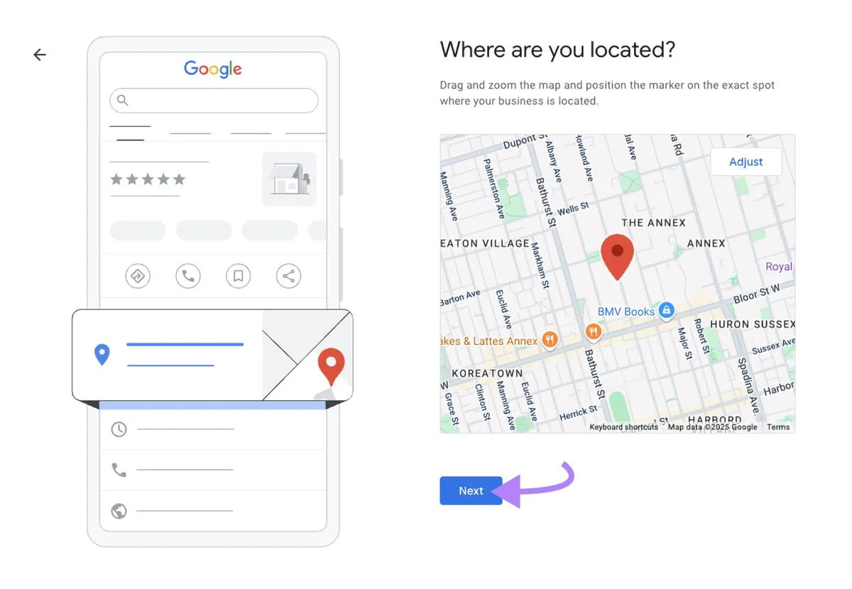 商家设置地图视图,有位置标记,箭头指向“Next”按钮。