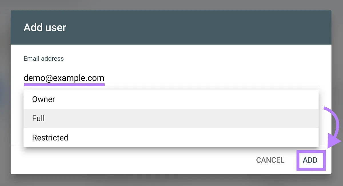 Google Search Console“Add user”窗口,包含邮箱、权限选项和 Add 按钮