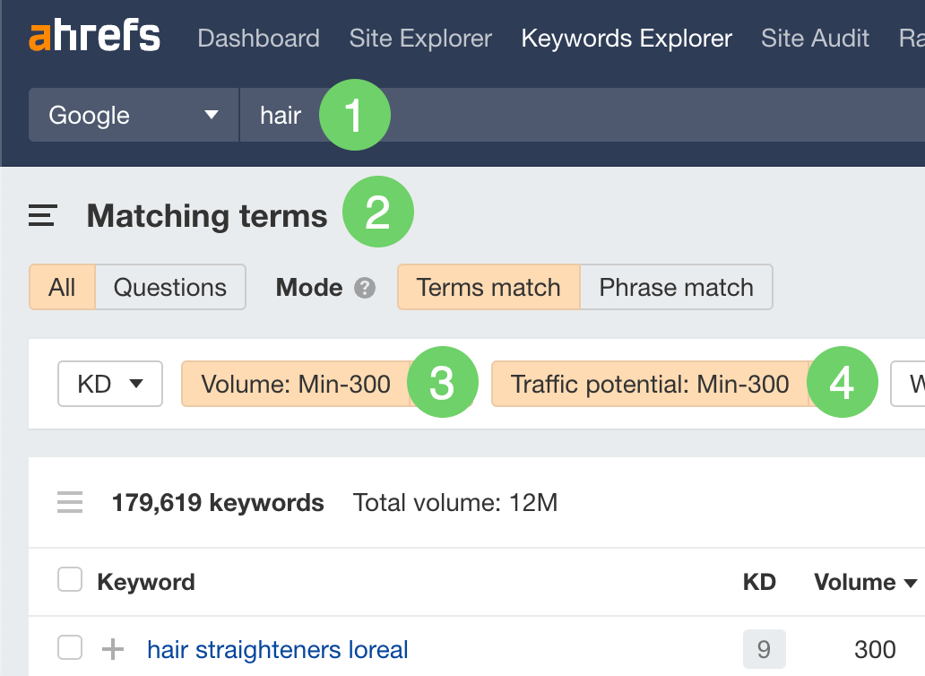 在 Ahrefs 的 Keywords Explorer 中筛选与头发相关的长尾关键词