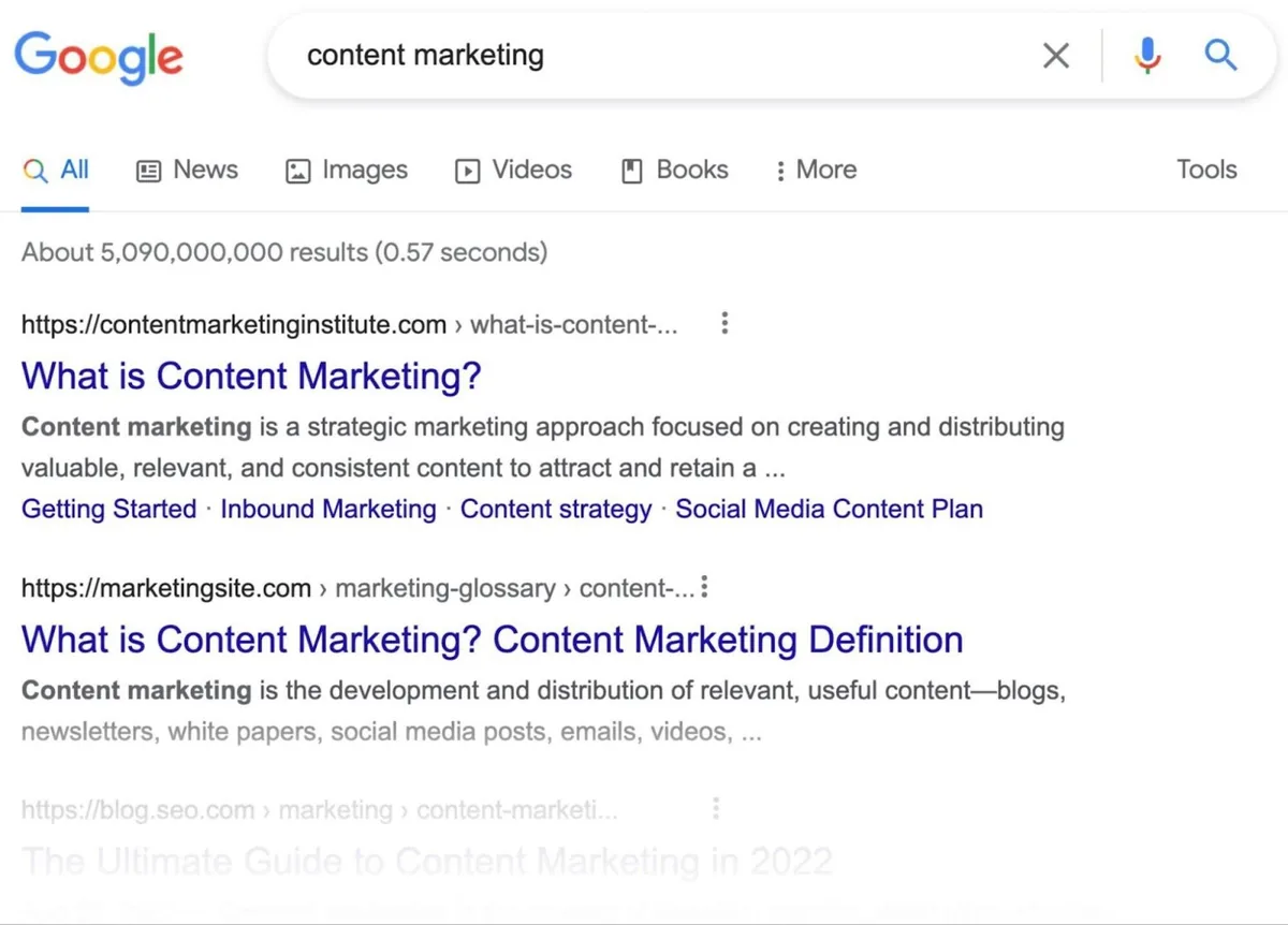 Google 对“content marketing”查询的顶部结果