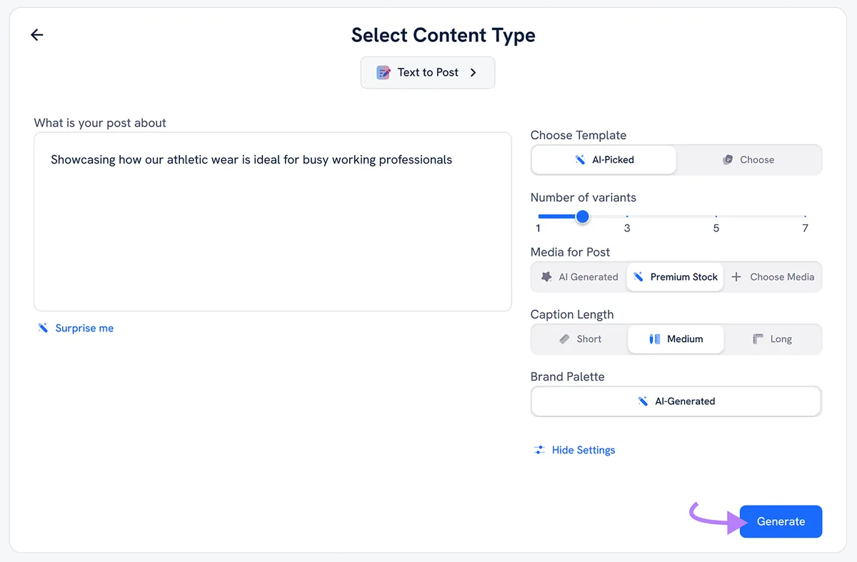 AI Social Content 帖子创建表单,已输入文字,箭头指向“Generate”按钮。