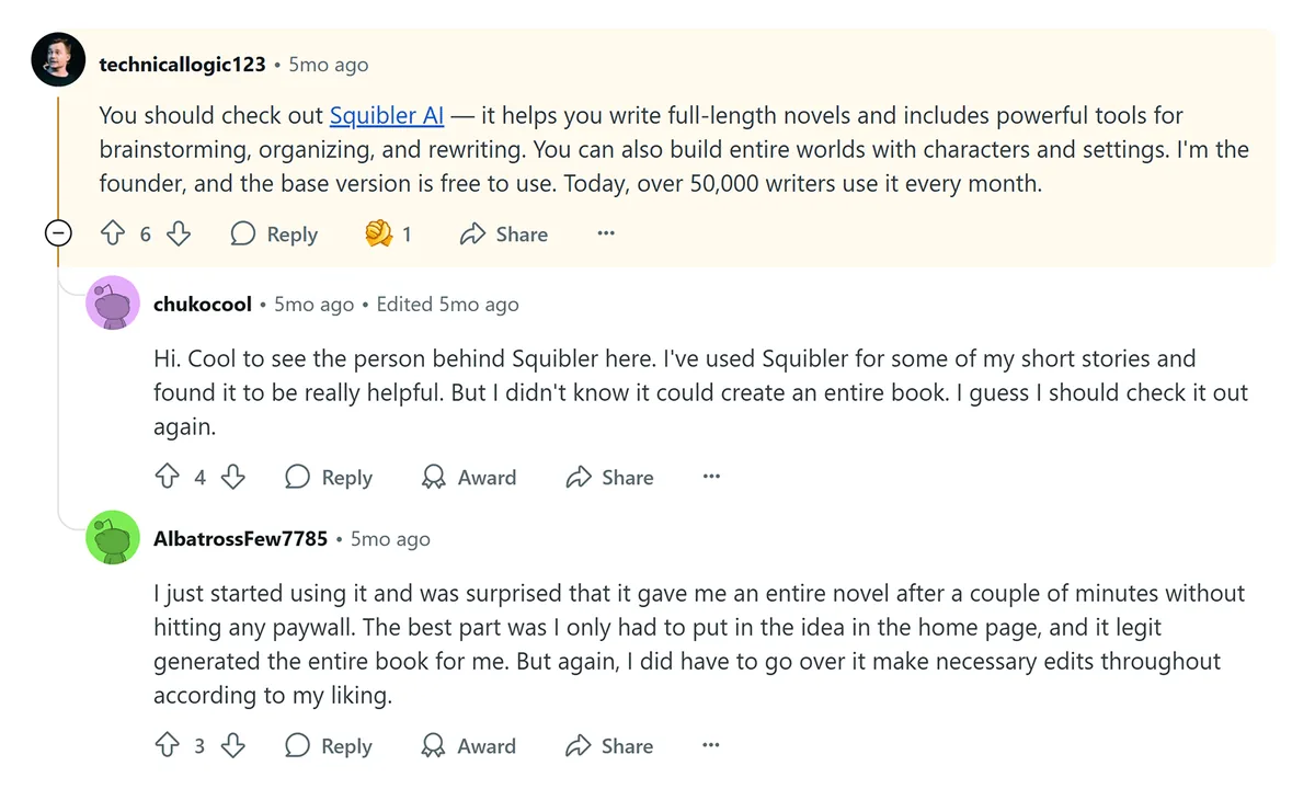 Reddit 讨论帖中创始人推广 Squibler AI,用户分享反馈。