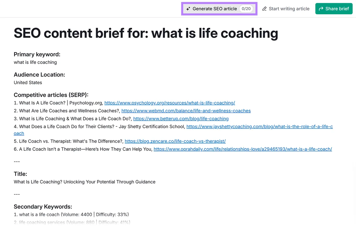 “what is life coaching”的 SEO 内容简报,突出显示“Generate SEO article”按钮