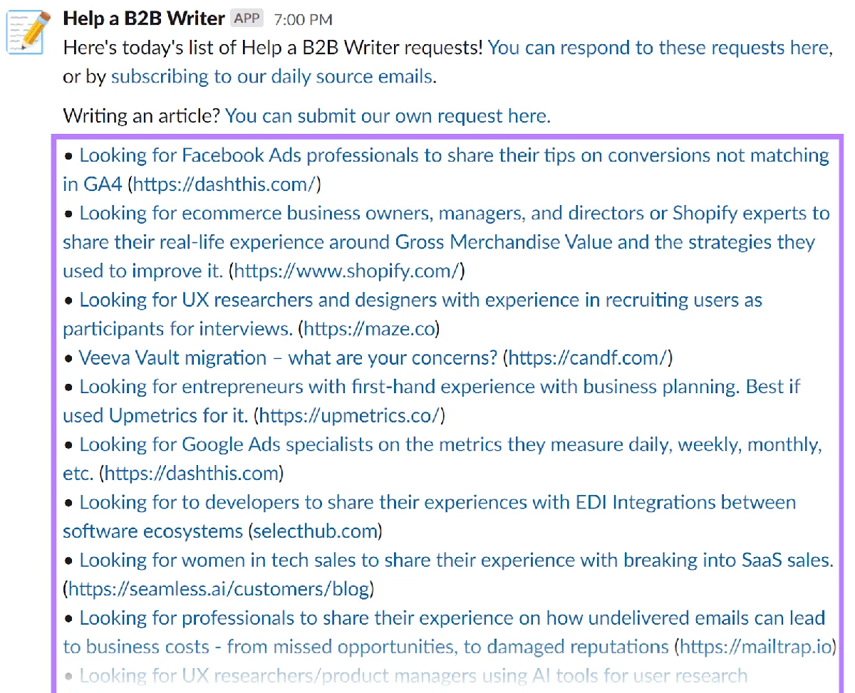 Superpath Slack 社区中来自“Help a B2B Writer”的消息，列出多项寻求专业意见的请求。