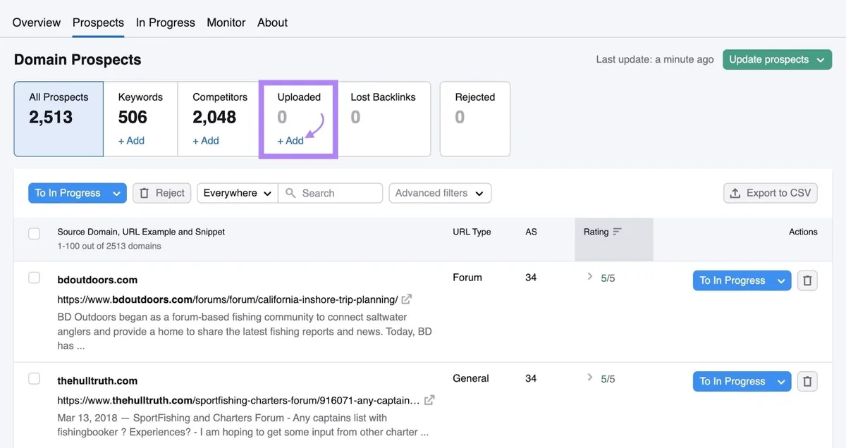 突出显示的“Uploaded”框，箭头指向 Link Building 工具上的“+ Add”链接。