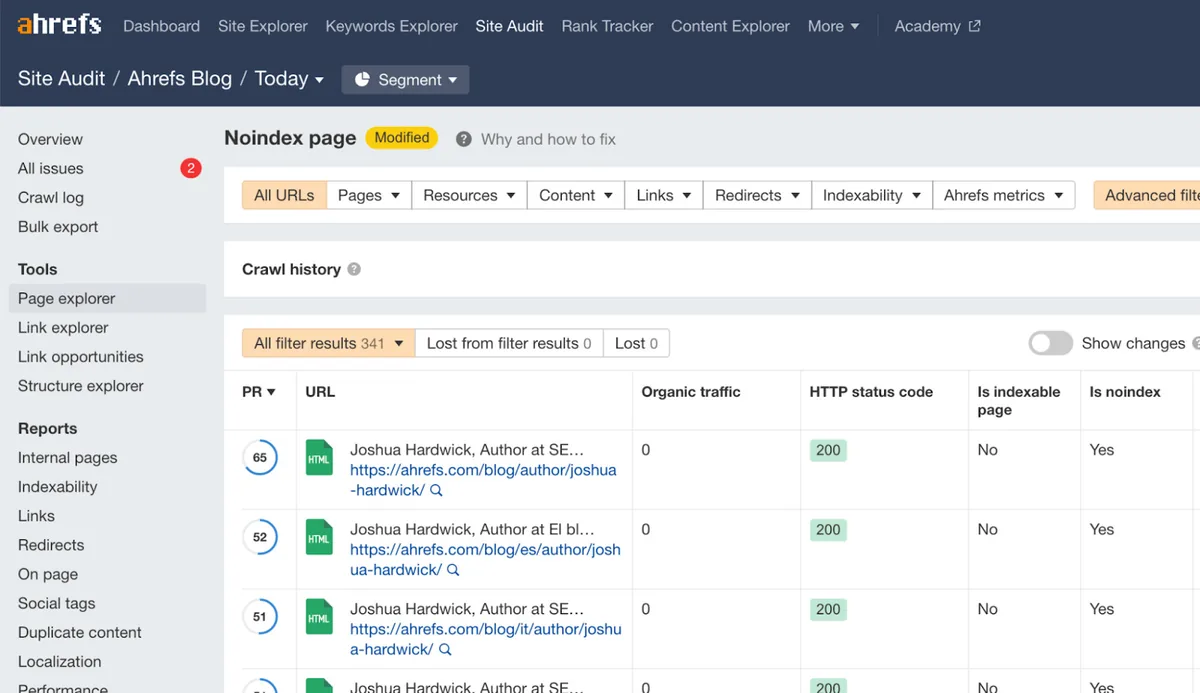 Ahrefs Blog 上被 Noindex 的页面,来自 Ahrefs' Site Audit