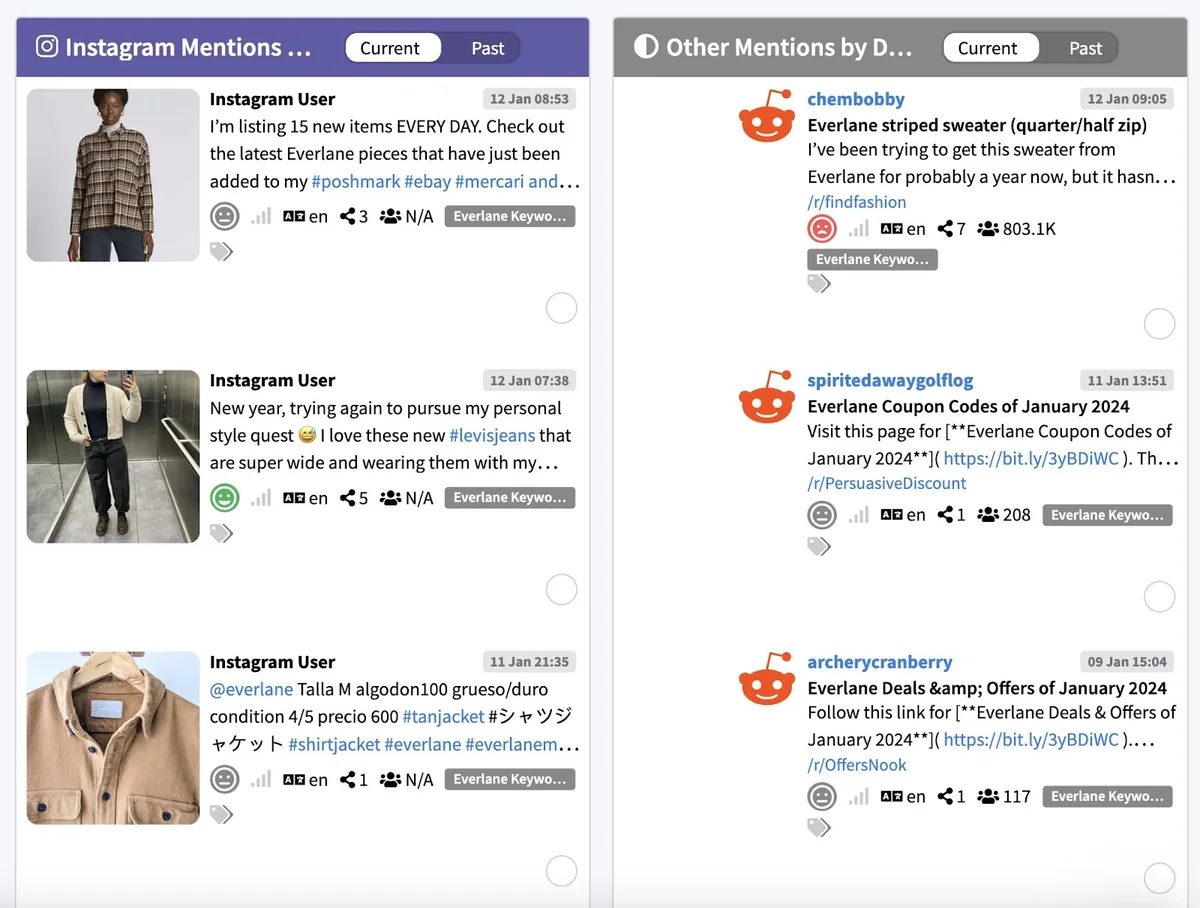 Mentionlytics 的界面,左侧显示 Instagram 提及,右侧显示其他提及