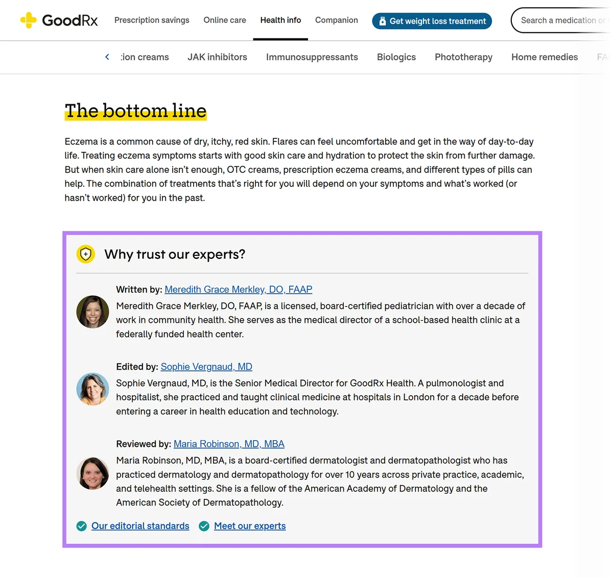 GoodRx 文章,展示湿疹治疗内容的专家作者、编辑和审稿人资历