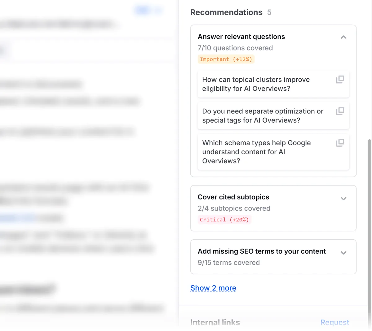 Semrush 内容优化建议,列出未解答的问题、缺失的子主题和缺失的 SEO 术语