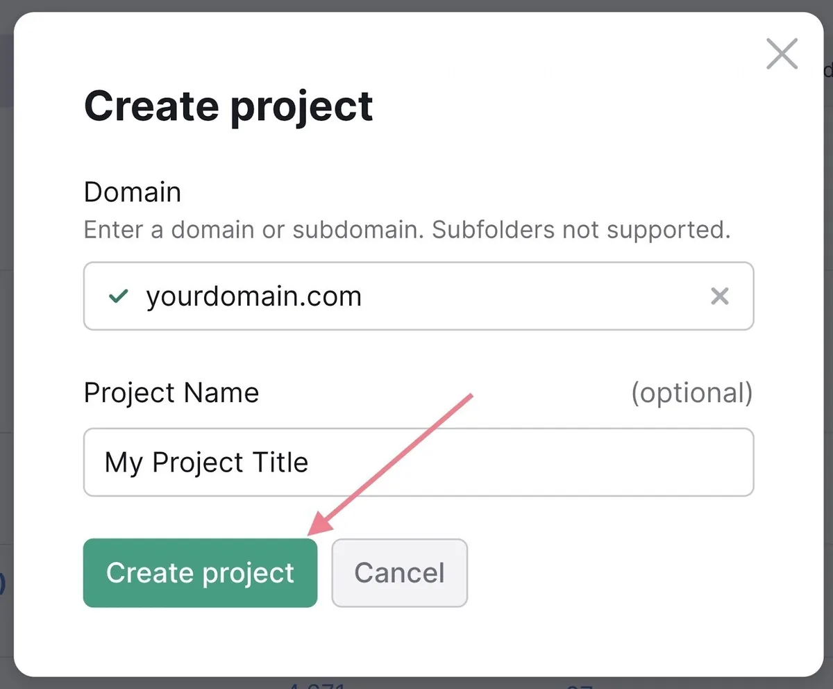 Site Audit 上的“Create project”窗口，已输入域名和项目名称