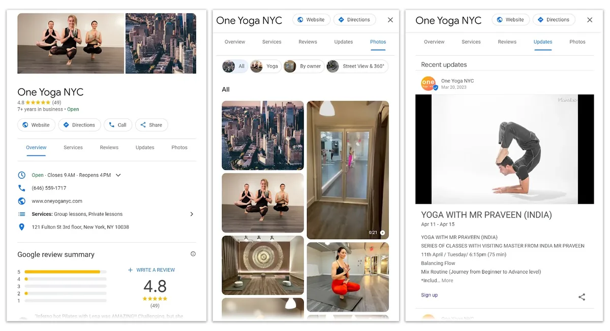 “One Yoga NYC”的 Google Business Profile 页面