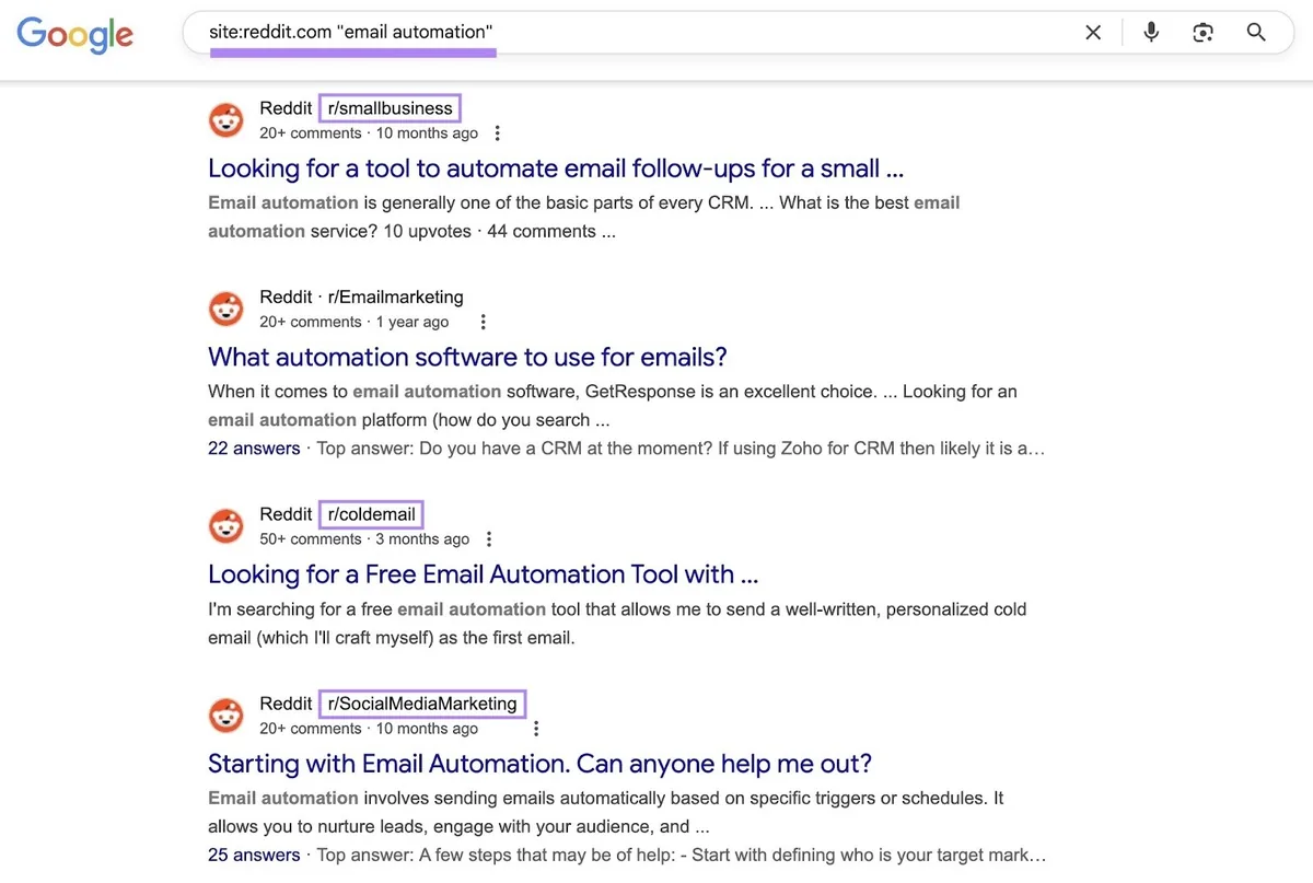 使用 site 搜索运算符和关键词“email automation”在 Google 上查找相关 Reddit 社区。