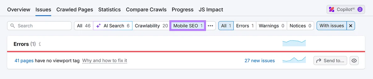 Issues 标签页，已选中并高亮显示 Mobile SEO 筛选器，显示一个错误。