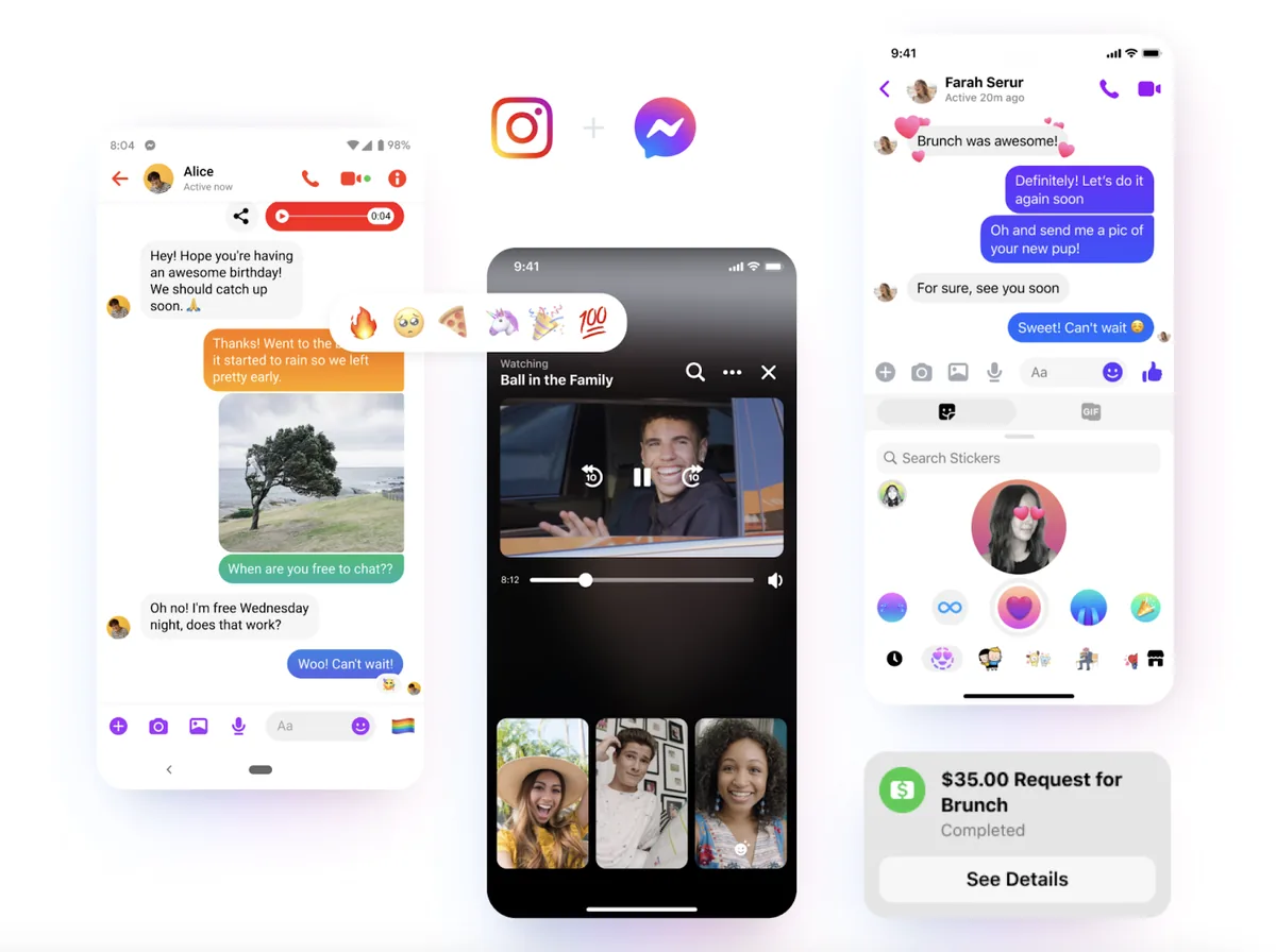 Messenger 用户界面包括给好友转账、分享视频、与好友聊天和用表情符号回应