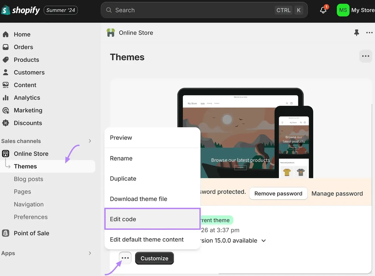 Shopify 界面显示“Themes”区块，下拉菜单高亮“Edit code”选项