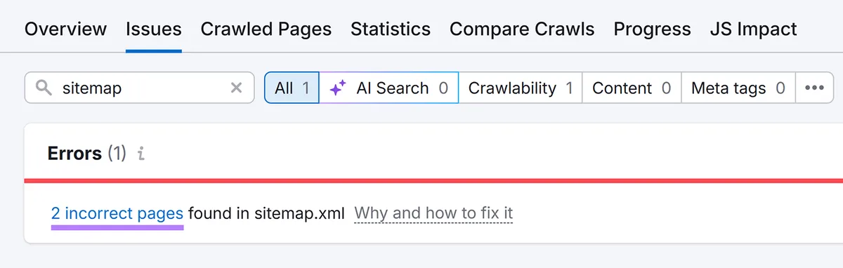 Semrush Site Audit 中 sitemap.xml 错误链接的近景，高亮两个不正确的页面。
